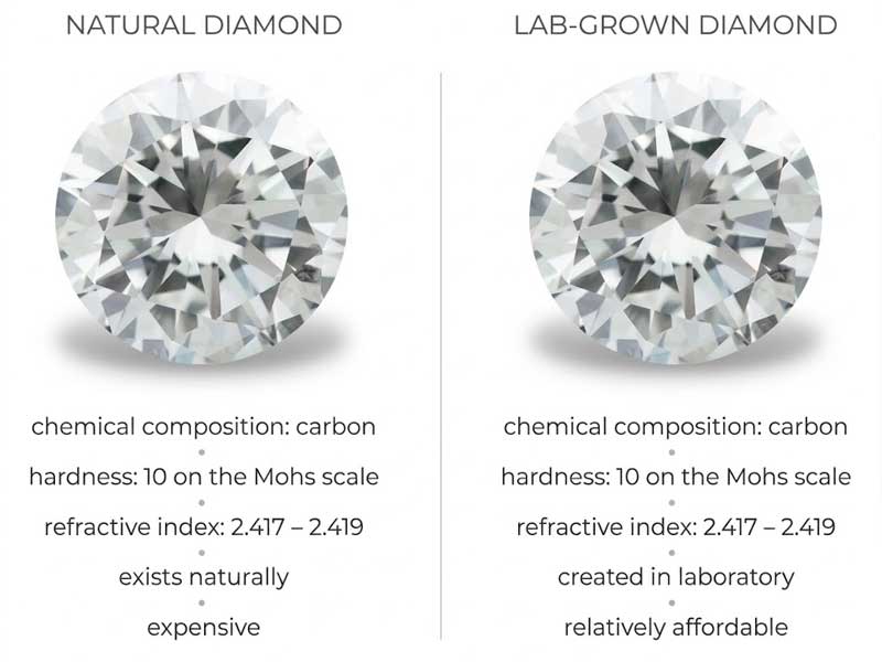 Comparison of natural and lab-grown diamonds showing similar physical properties; natural is expensive, lab-grown is created in a lab and more affordable.