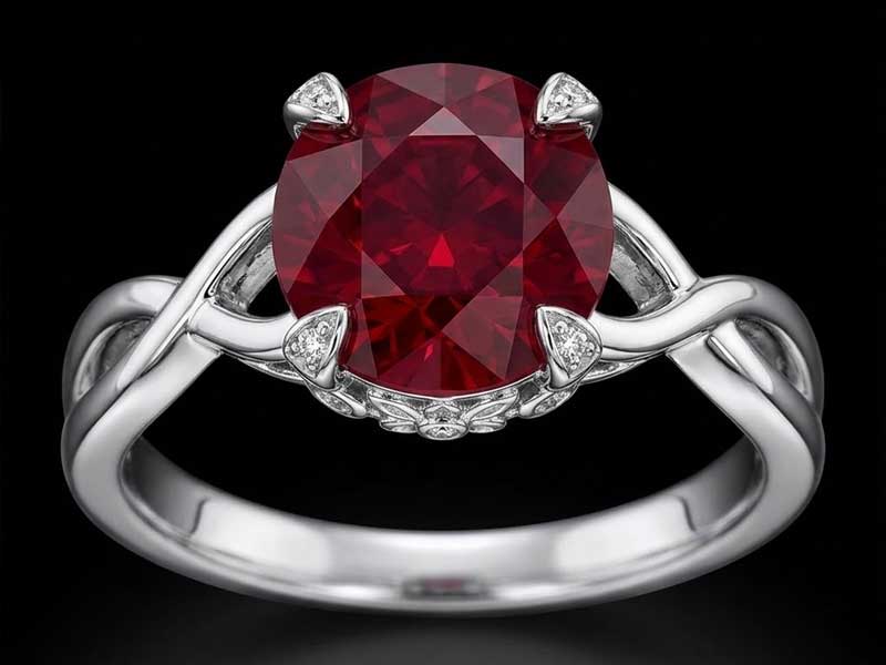 A silver ring featuring a large round red gemstone in the center, held by four prongs with small accent stones, displayed against a black background.