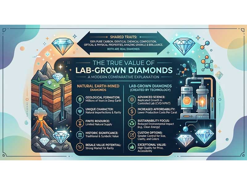 Infographic comparing natural earth-mined and lab-grown diamonds by traits such as formation, rarity, technology, sustainability, cost, and value, with illustrations of diamonds and labs.