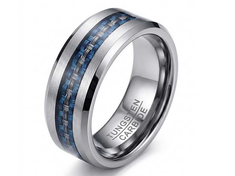 Silver tungsten carbide ring with a blue carbon fiber inlay and beveled edges, shown against a white background.