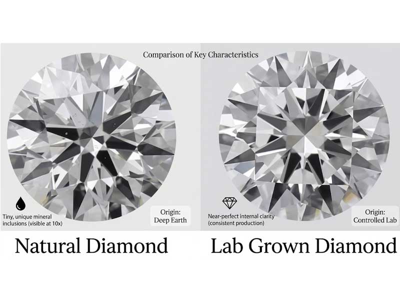 Side-by-side comparison of a natural diamond with mineral inclusions and a lab grown diamond with near-perfect clarity, both shown as round brilliant cuts.
