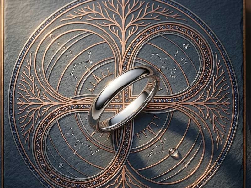 Two silver rings rest atop an ornate, circular design featuring interlocking tree motifs and small star constellations on a dark background.