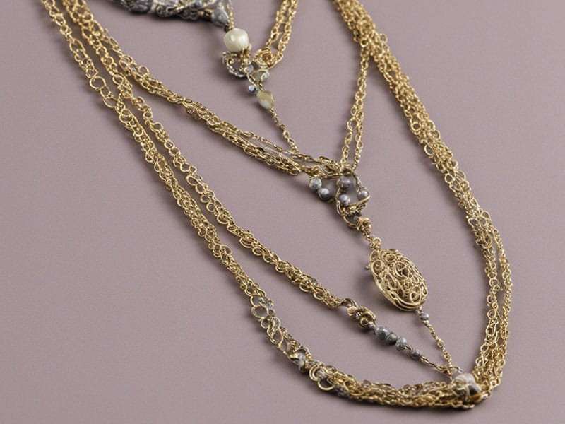 A stunning three-strand gold necklace embellished with delicate pearls and shimmering crystals, perfect for accentuating low-cut tops.