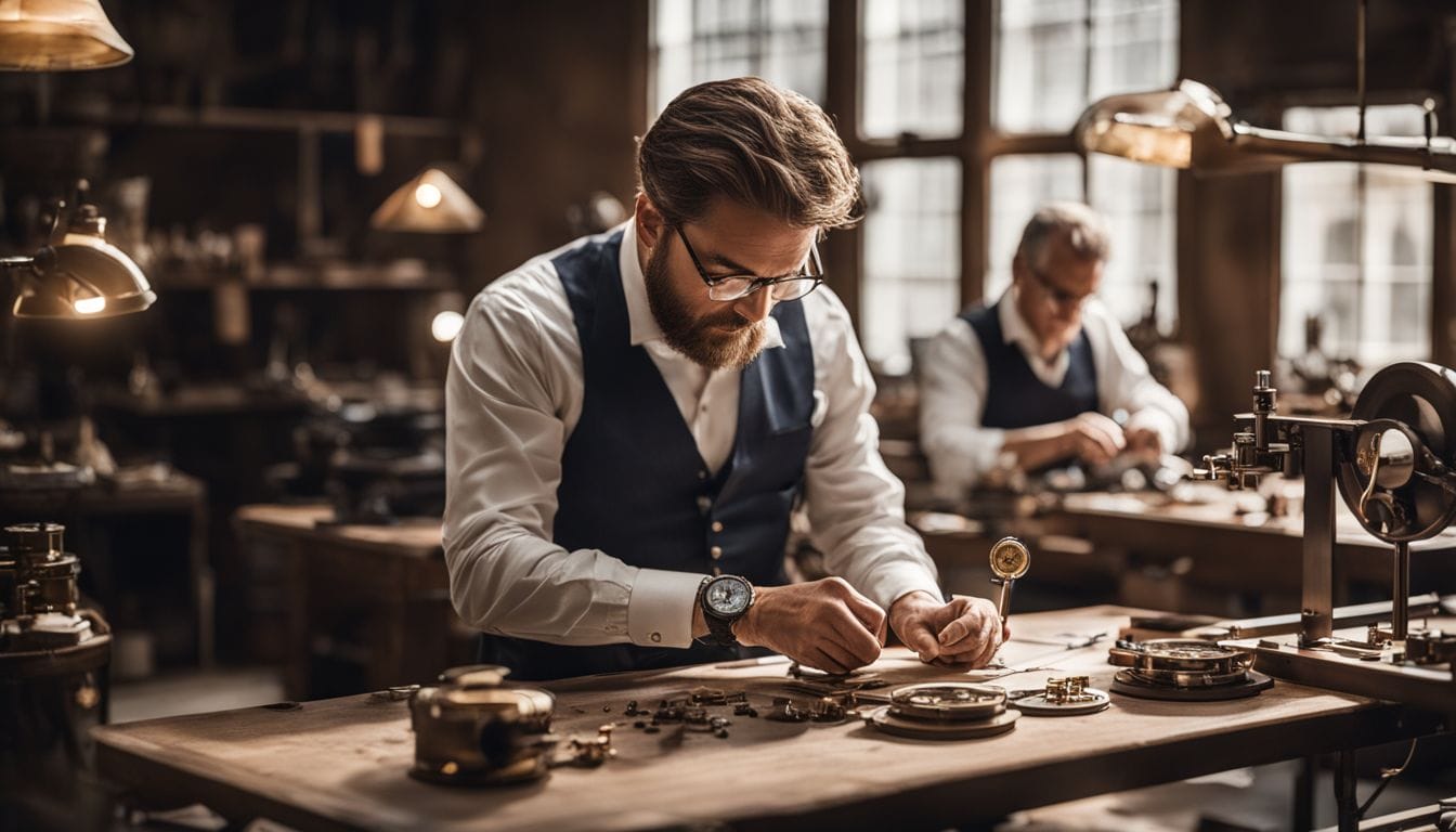 Two men in vests work on assembling watch mechanisms at wooden benches in a workshop filled with tools and mechanical parts.