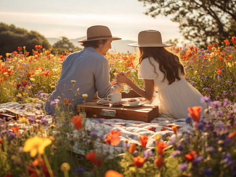 Two people in hats sit on a blanket having a picnic with tea in a colorful wildflower field during daylight.