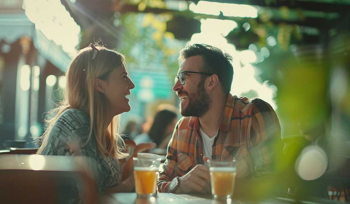 A woman and a man sit at an outdoor table, smiling and talking, with two glasses of beer in front of them. Sunlight filters through leaves above.
