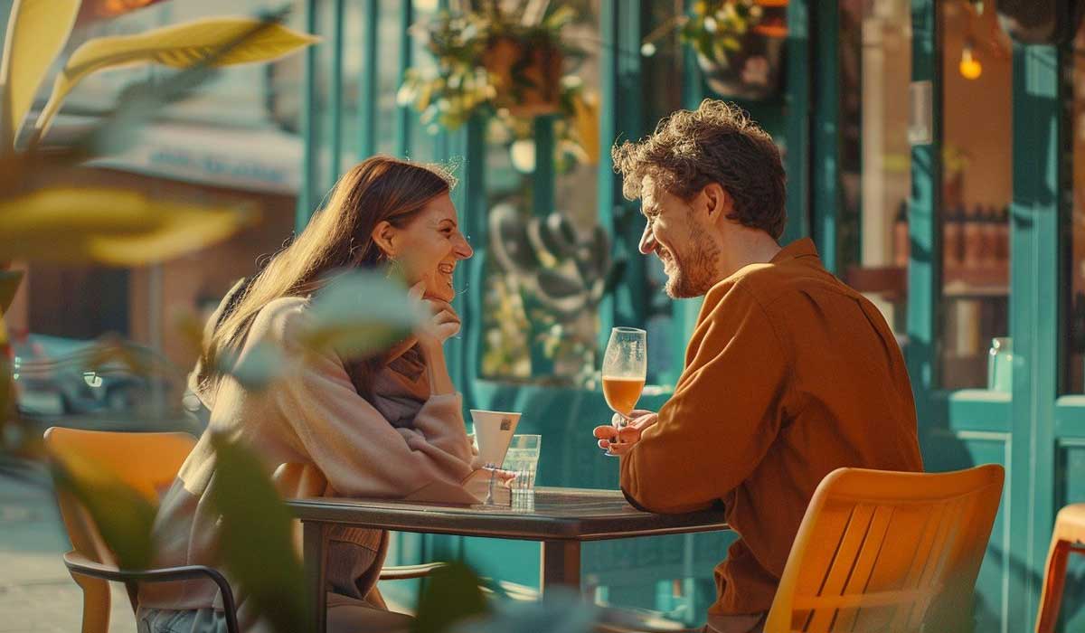 Two people sit at an outdoor café table, talking and smiling. One holds a glass of beer, the other a cup. Plants and green storefronts are visible in the background.
