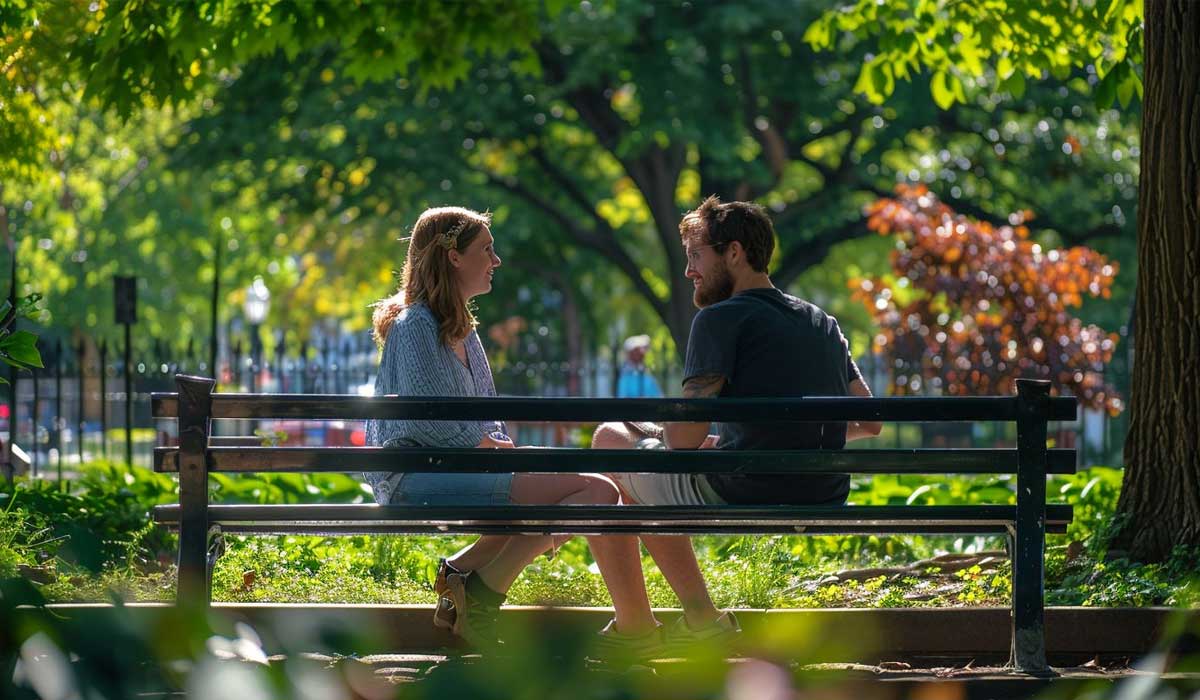 Two people sit on a park bench facing each other, talking under leafy green trees on a sunny day.