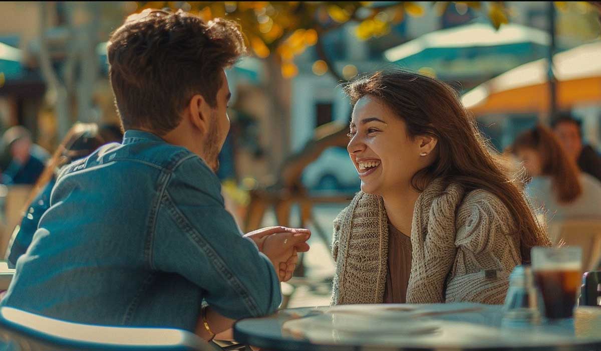 A man and woman sit at an outdoor cafe table, smiling and talking together. There are drinks on the table, and other people are in the blurred background.