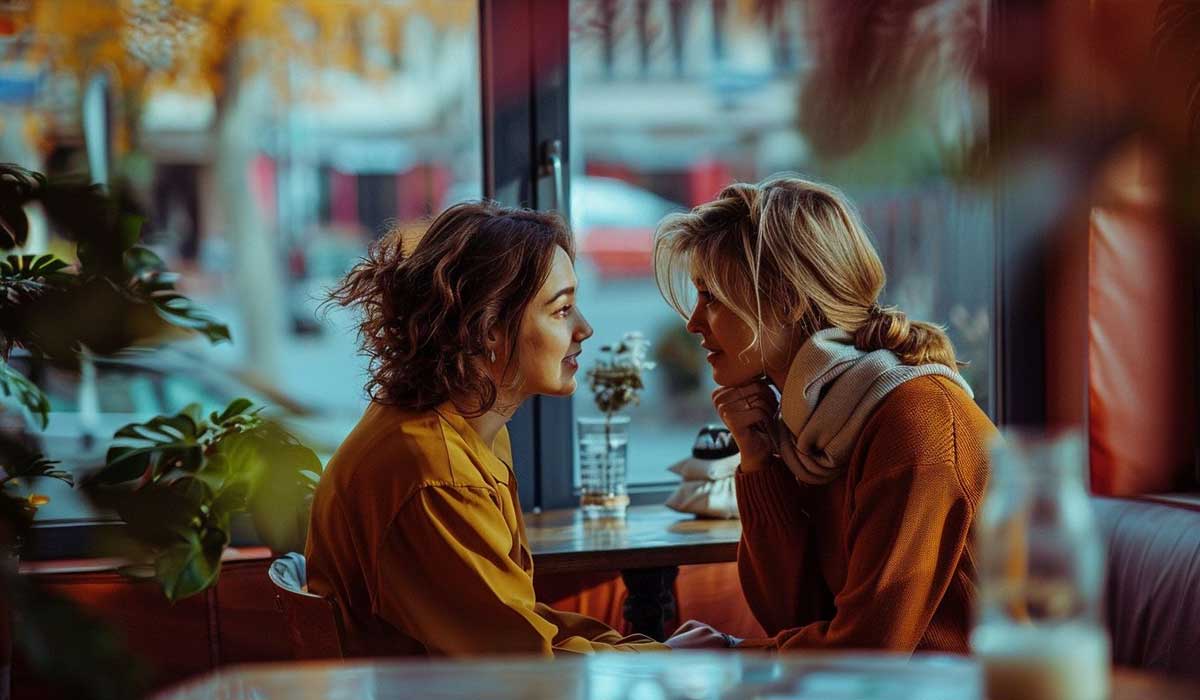 Two women sit closely at a café table by a window, facing each other and engaging in a quiet, intimate conversation.