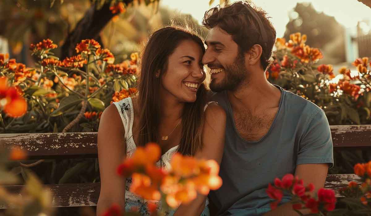 A smiling couple sits closely together on a bench surrounded by vibrant orange flowers, looking at each other in warm sunlight.