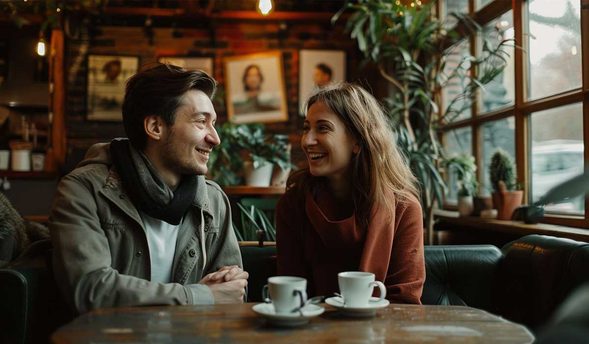 Two people sit at a wooden table in a cozy café, smiling at each other, with coffee cups in front of them and plants and portraits in the background.