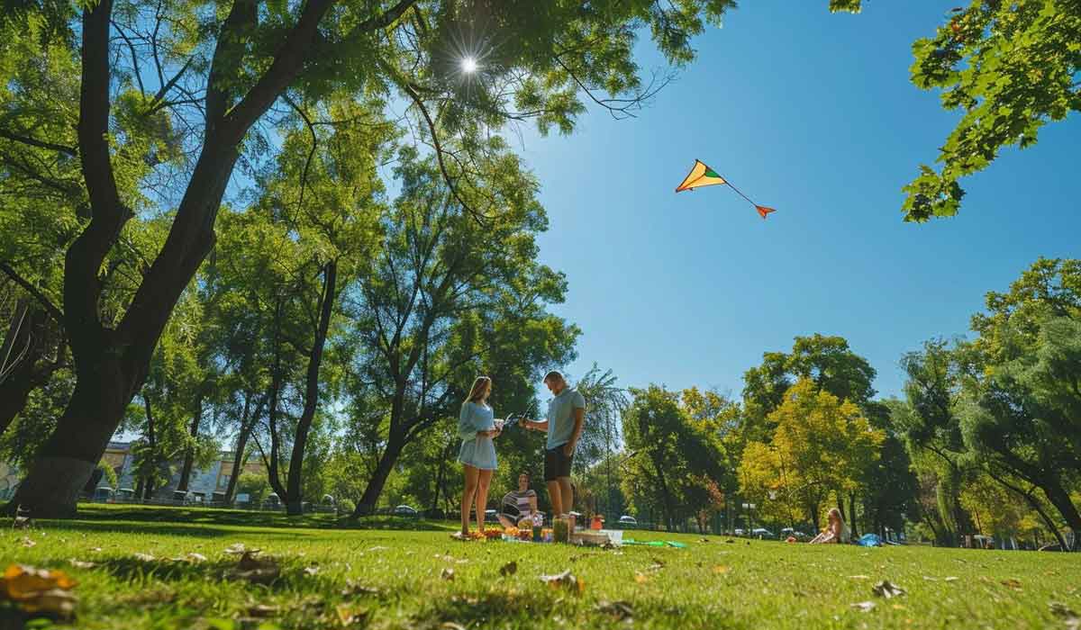 People stand on green grass in a sunny park with tall trees; a colorful kite flies in the blue sky above them.