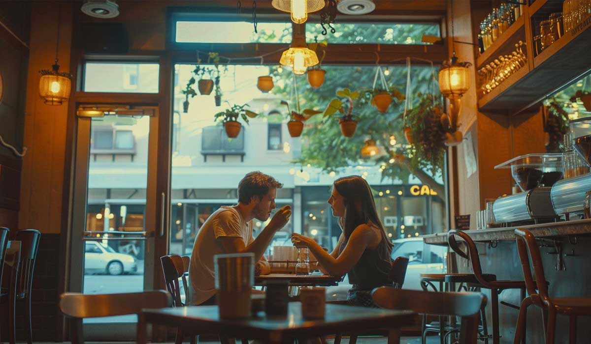A man and woman sit facing each other at a small table in a cozy café with warm lighting and large windows showing a street outside.