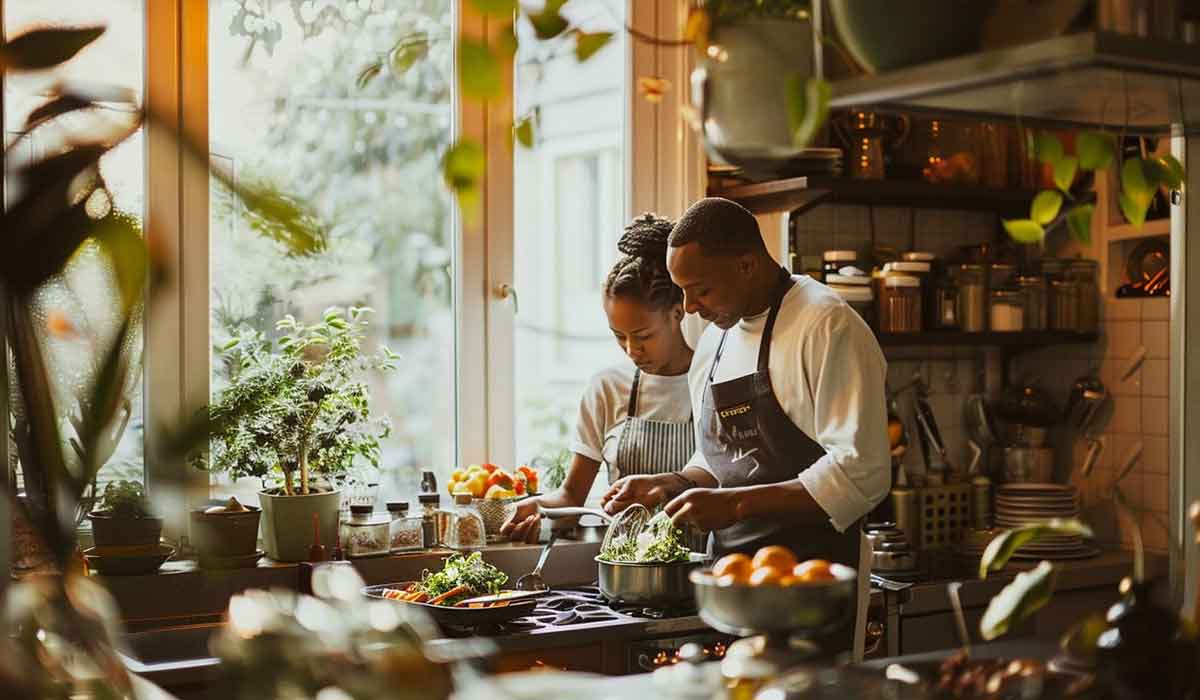 Two people wearing aprons prepare food together in a kitchen filled with plants, jars, and fresh produce, with sunlight streaming in through a large window.