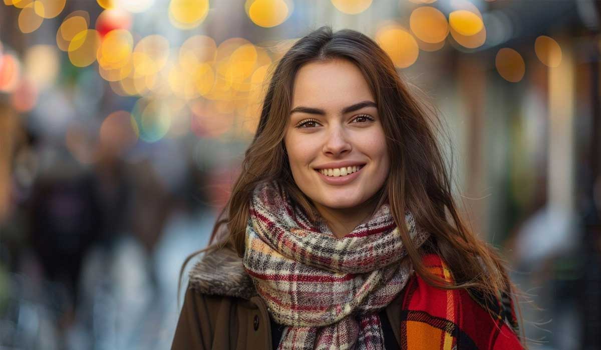 A young woman with long brown hair smiles at the camera, wearing a plaid scarf and coat, with blurred city lights in the background.
