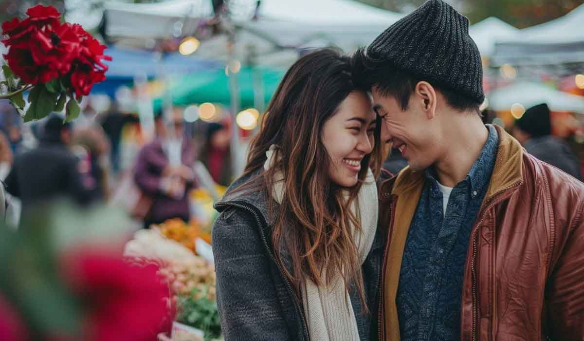 A couple stands close together, smiling and touching foreheads at an outdoor market with blurred people and stalls in the background.