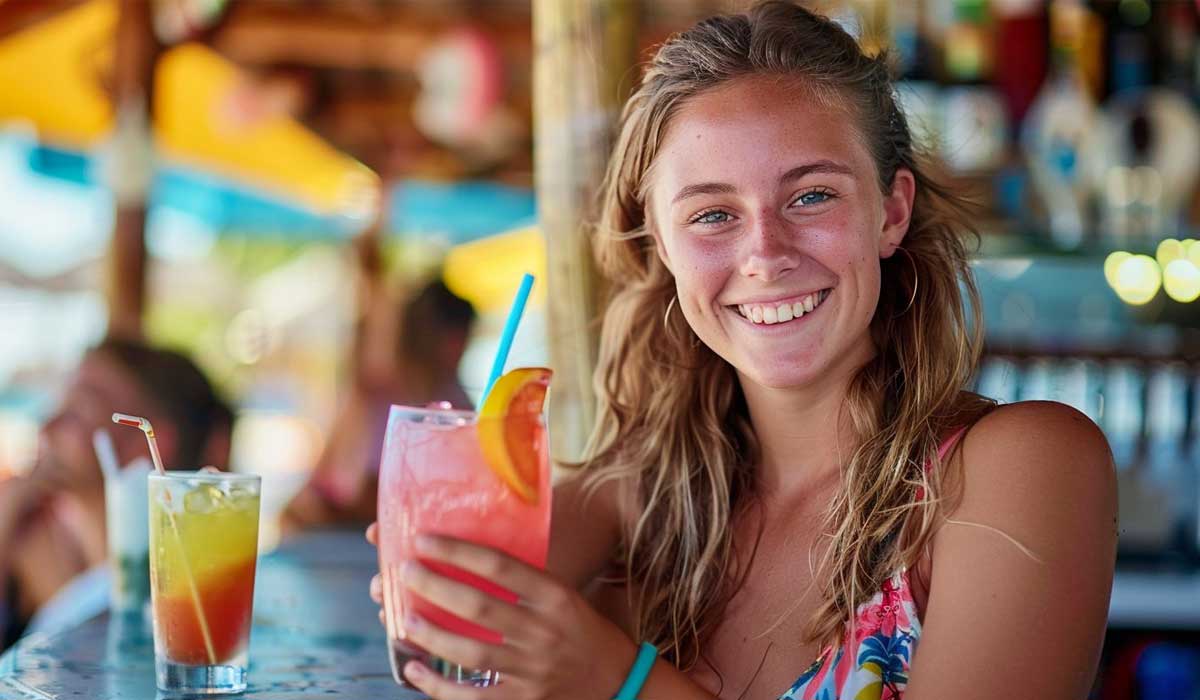 A person sitting at a bar holds a pink tropical drink with a straw and an orange slice, smiling at the camera. Another colorful drink sits on the counter.