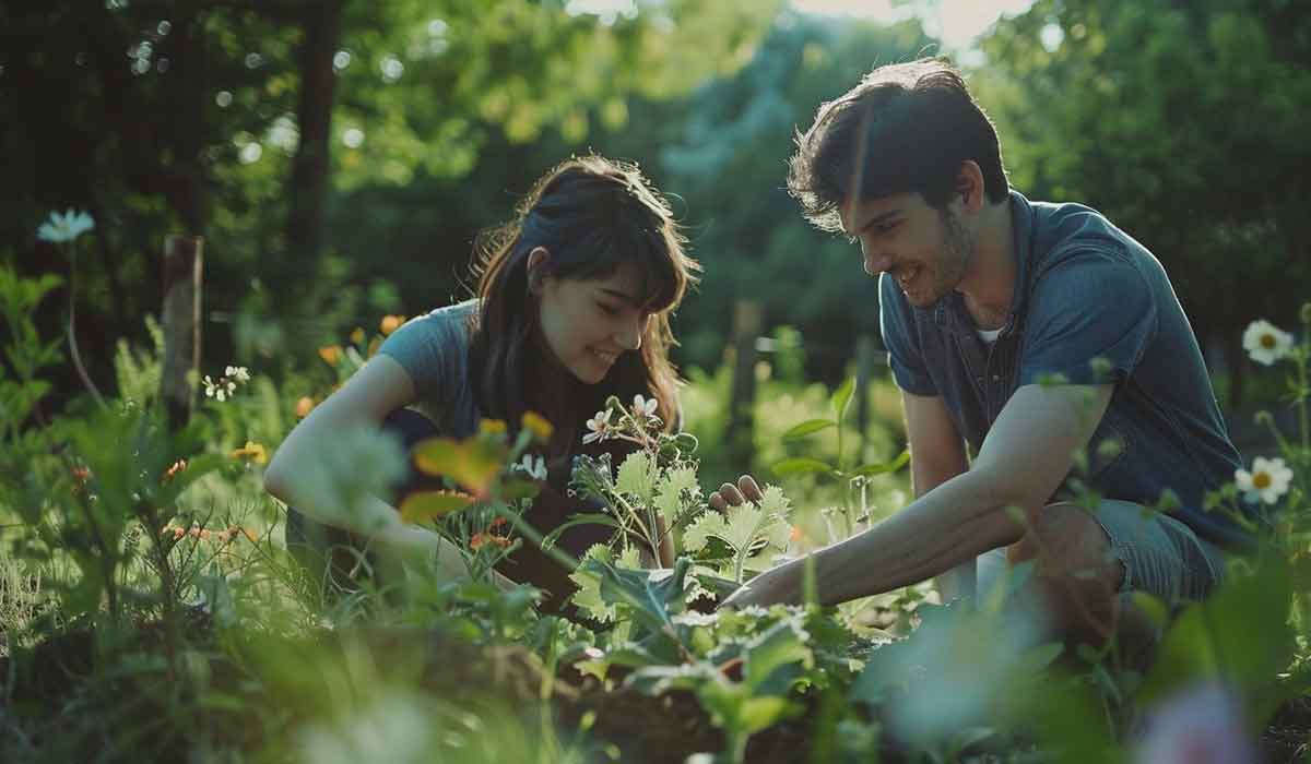 Two people crouch in a garden surrounded by flowers and greenery, working together to tend to plants on a sunny day.