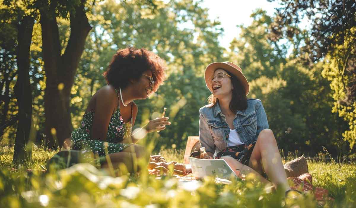 Two women sit on a blanket in a sunny park, talking and laughing, surrounded by trees and greenery.