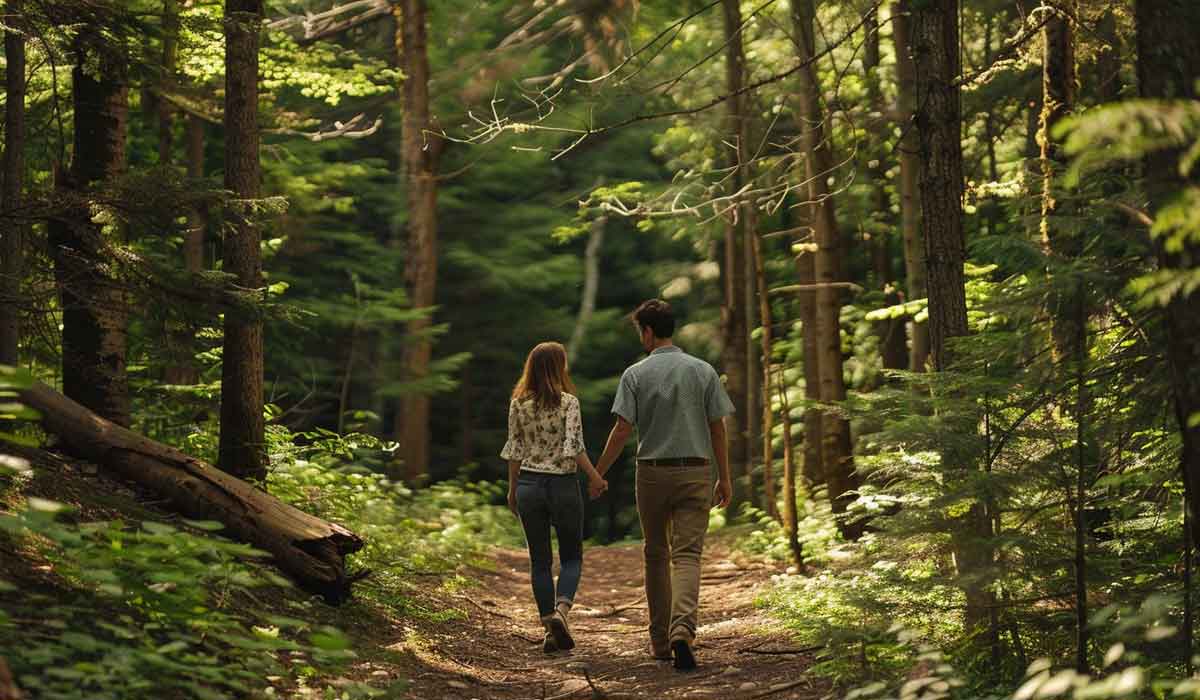 A couple walks hand in hand along a dirt path through a dense, sunlit forest.