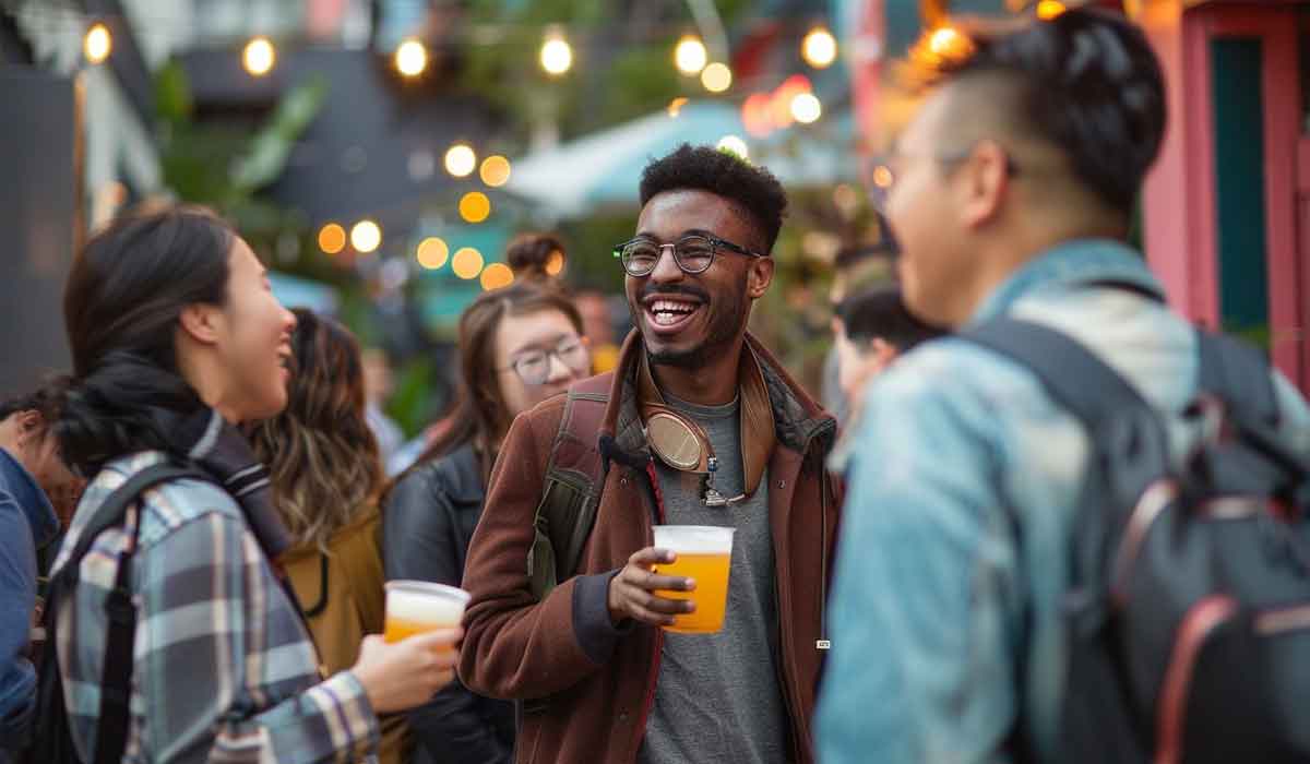 People gather outdoors at a social event in the evening, holding drinks and talking. String lights hang above, creating a festive atmosphere.