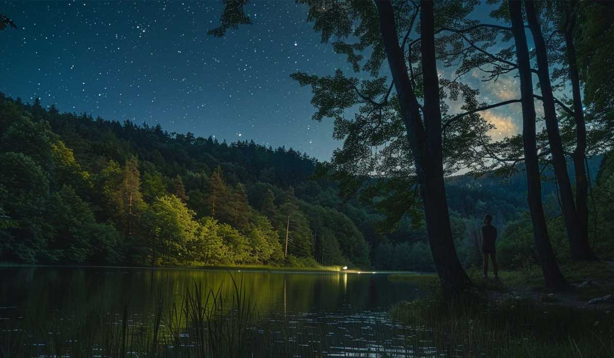 A person stands by a lake at night, surrounded by trees, with stars and a distant light reflected on the water.