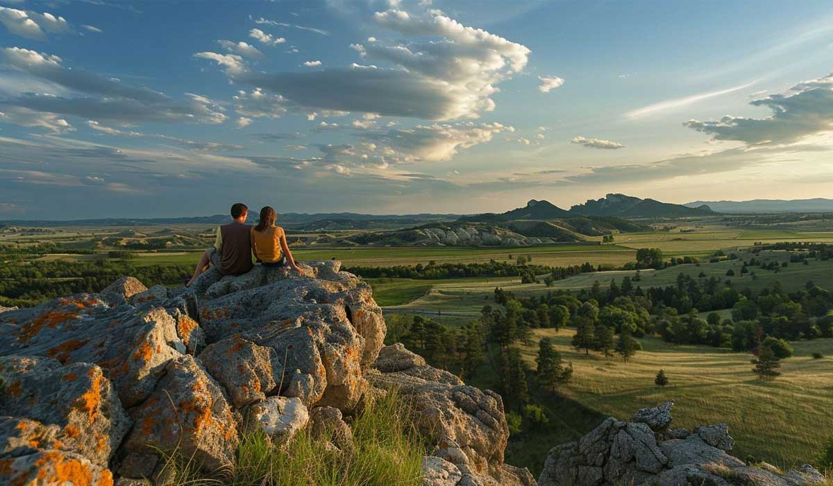 Two people sit on rocky outcrop overlooking a wide, green valley with scattered trees and distant hills under a blue sky with clouds.
