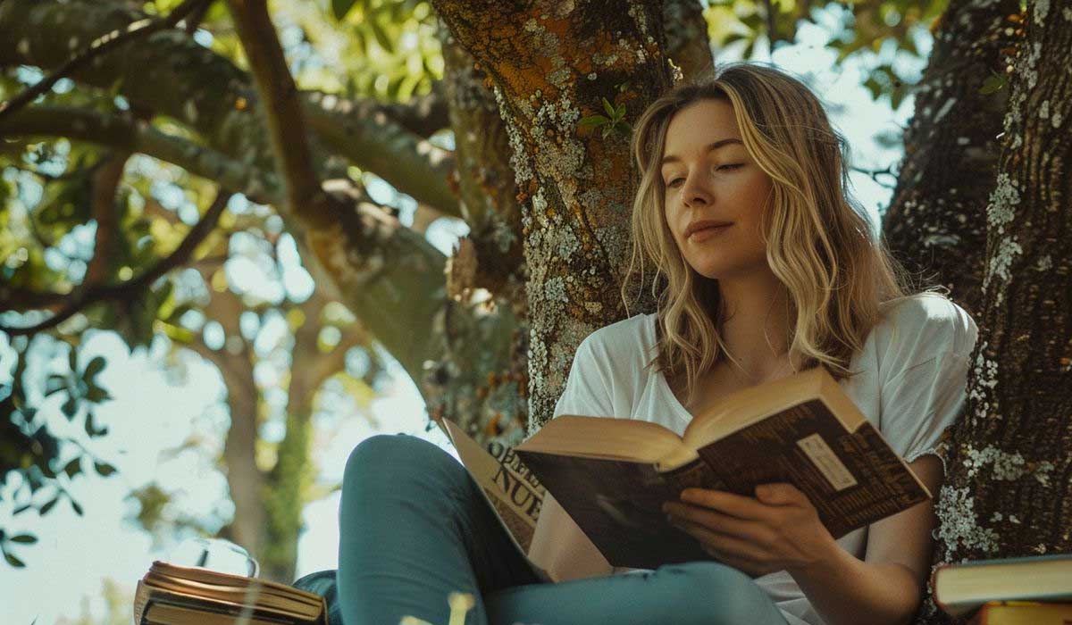 A woman sits under a tree, reading a book. Sunlight filters through the leaves, and several other books are stacked nearby.