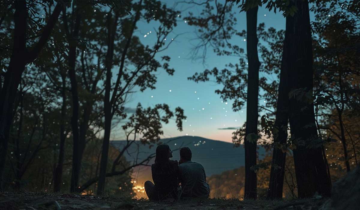 Two people sit close together on the ground in a forest at dusk, surrounded by tall trees and fireflies, with distant hills and a soft, fading sky in the background.