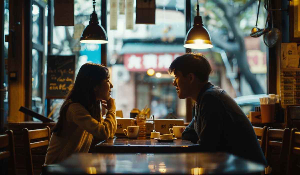 Two people sit across from each other at a table in a café, having a conversation. Warm lights hang above them and street scenes are visible through the window.
