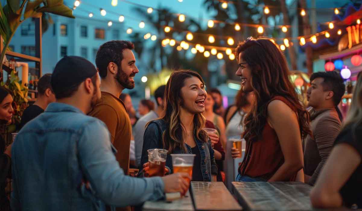 People socialize and laugh at an outdoor evening party with string lights, drinks in hand, and a festive atmosphere.