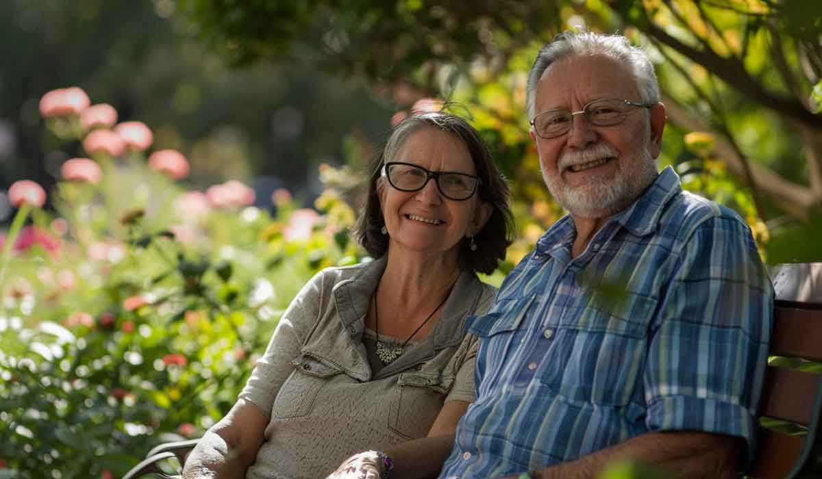 Two older adults sit together on a bench in a garden, smiling at the camera, surrounded by green plants and pink flowers.