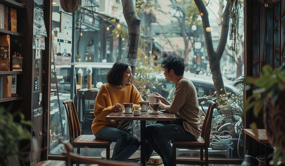 Two people sit across from each other at a small table in a cozy café, drinking coffee and talking, with large windows showing trees and buildings outside.
