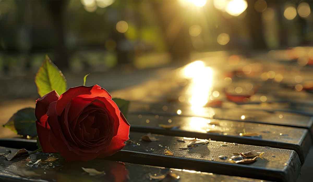 A red rose with green leaves lies on a wet wooden bench in a sunlit park, with soft sunlight and scattered petals in the background.