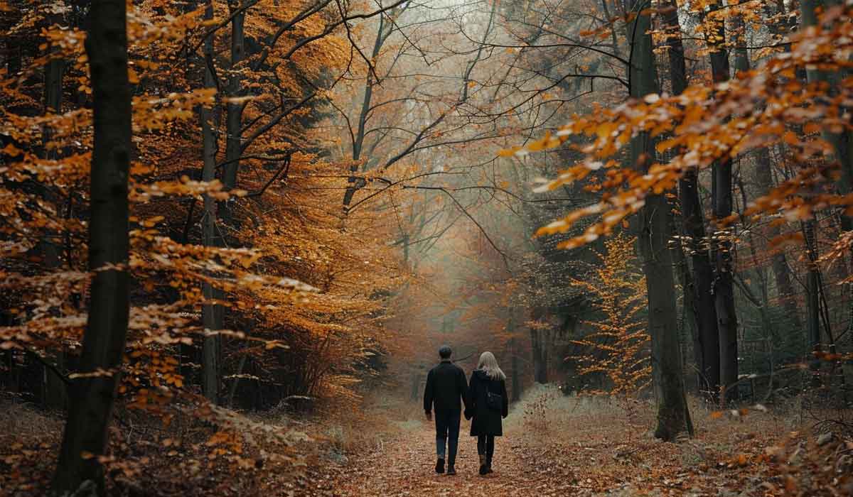 Two people walk on a leaf-covered path through a forest with autumn foliage and trees displaying orange and yellow leaves.