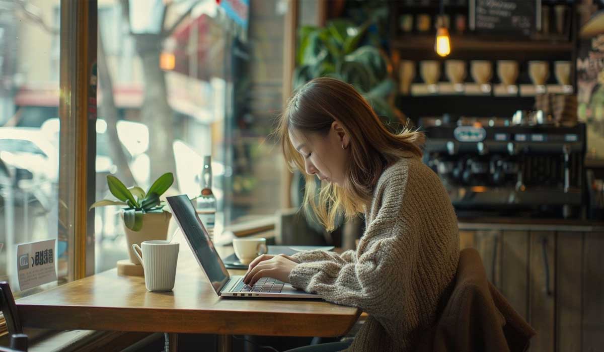 A person in a sweater sits at a wooden table in a café, working on a laptop with a mug, notebook, and plant nearby.