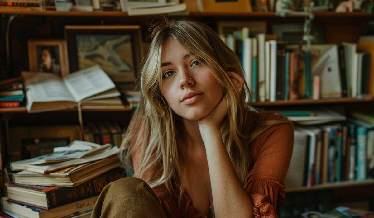 A woman with blonde hair sits indoors, resting her head on her hand, surrounded by books and shelves filled with framed pictures and more books.