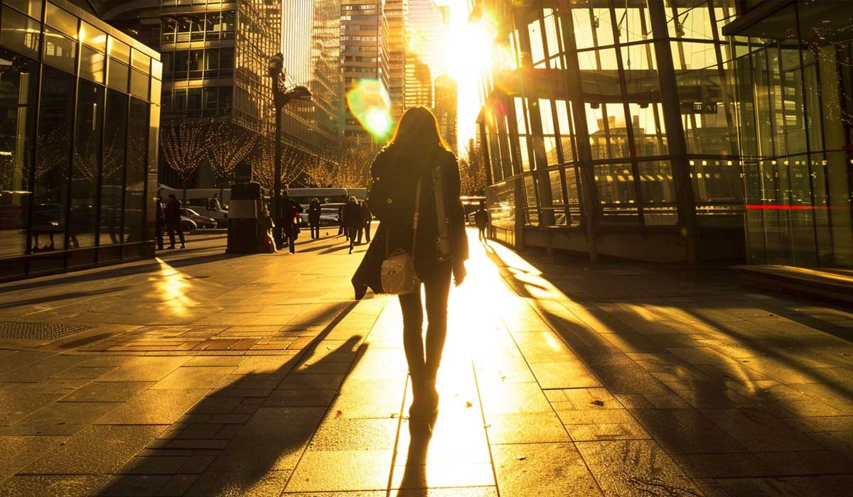 A person walks through a city street at sunset, casting a long shadow. Tall glass buildings and reflections surround them, with other people in the background.