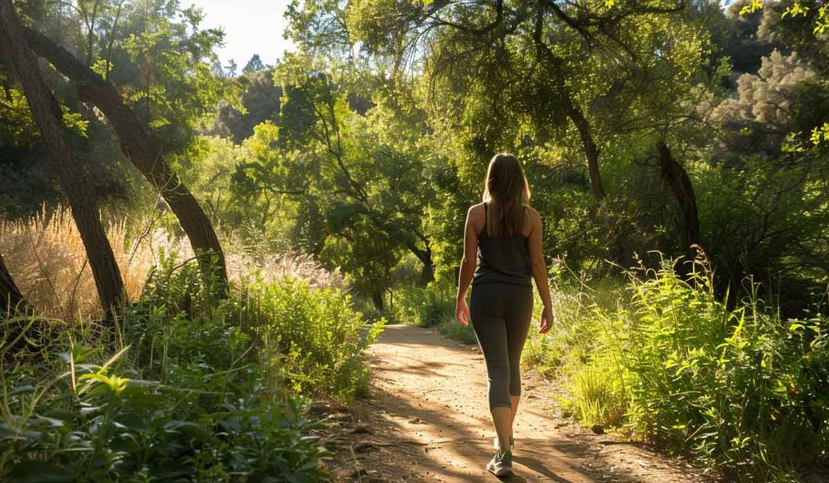 A person walks alone on a dirt path through a sunlit, green forest filled with trees and plants.