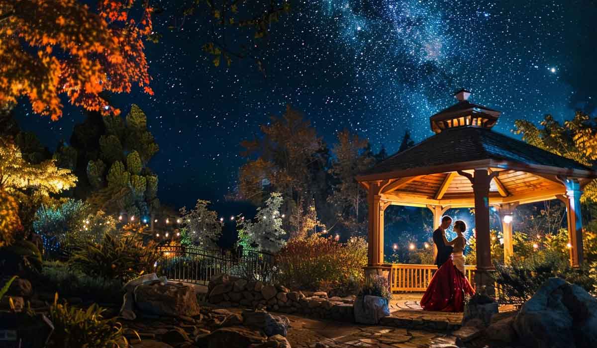 A couple dances under a lit gazebo at night, surrounded by trees and gardens, with a star-filled sky above.