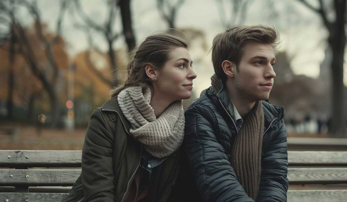 Two young adults sitting on a bench in a park, both wearing jackets and scarves, with autumn trees in the background.