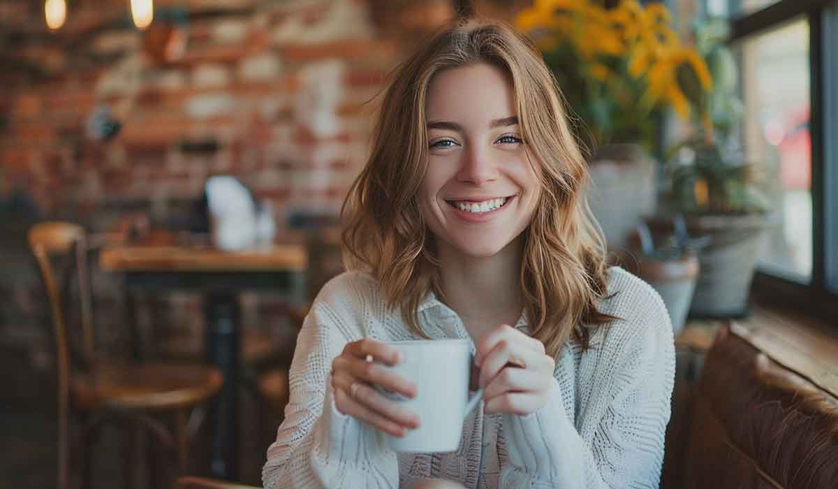 A person with light brown hair sits indoors by a window, smiling and holding a white mug, with blurred tables and yellow flowers in the background.