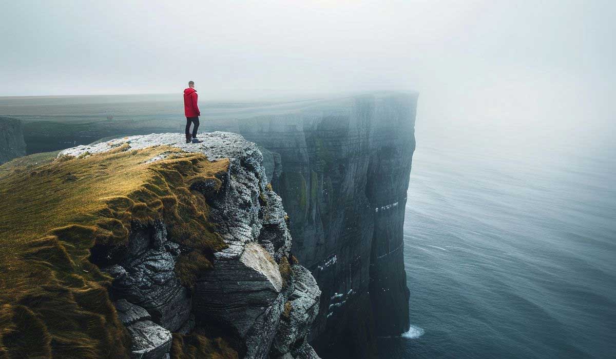 A person in a red jacket stands near the edge of a high cliff overlooking the ocean on a foggy day.