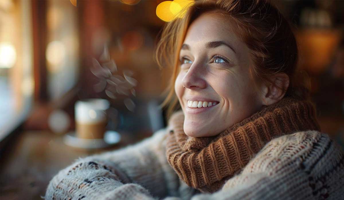 A woman wearing a chunky sweater and turtleneck sits indoors by a window, smiling and looking out. A blurred cup of coffee is visible in the background.