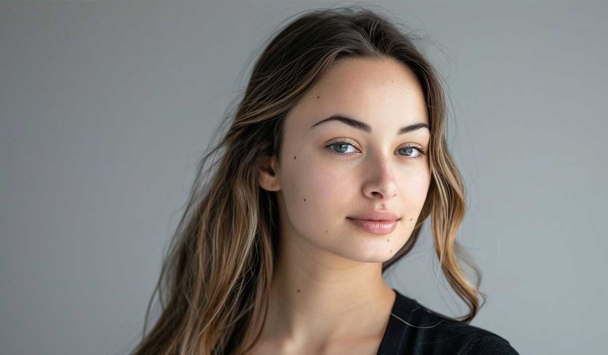 A young woman with long brown hair and light eyes looks at the camera, standing against a plain gray background. She wears a black top and has a neutral facial expression.