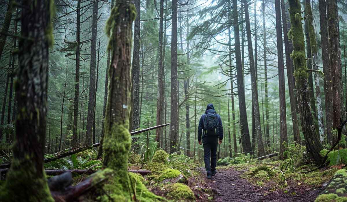 A person wearing a backpack walks alone on a dirt trail through a dense, green forest with tall trees and mossy ground.