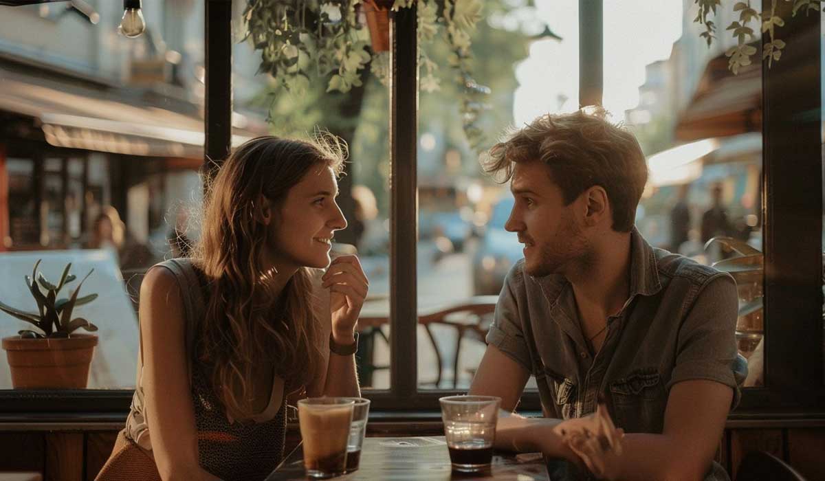 A woman and a man sit at a cafe table by a window, talking and smiling, with drinks in front of them and sunlight streaming in from outside.