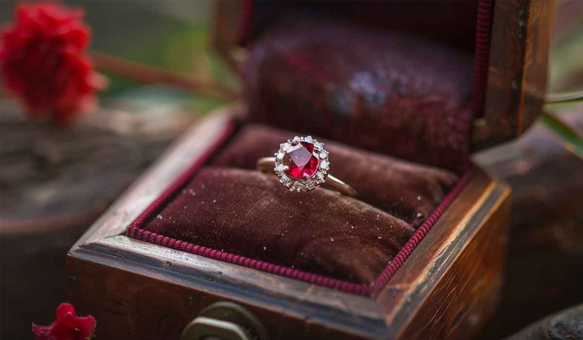 Gold ring with a red gemstone and small diamonds is displayed in an open wooden box lined with red velvet.
