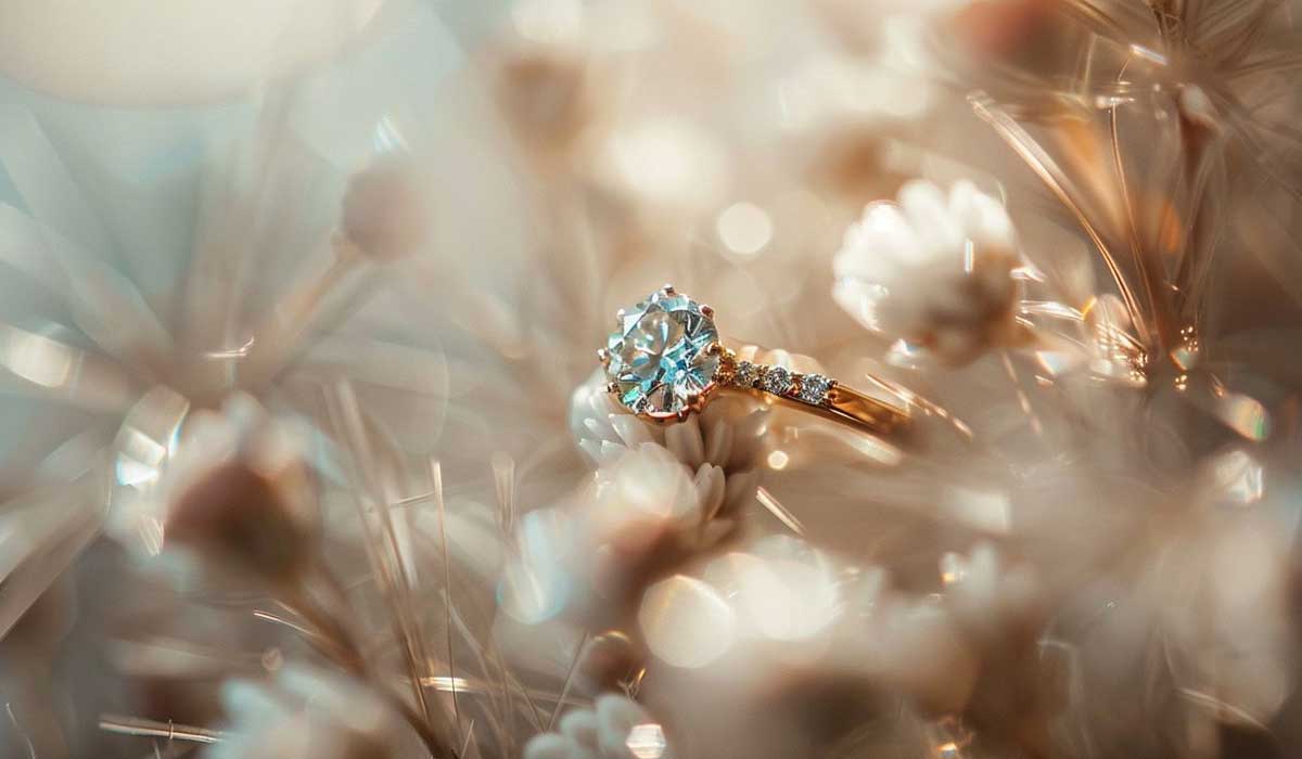 A gold ring with a large diamond is surrounded by soft-focus flowers and gentle light.